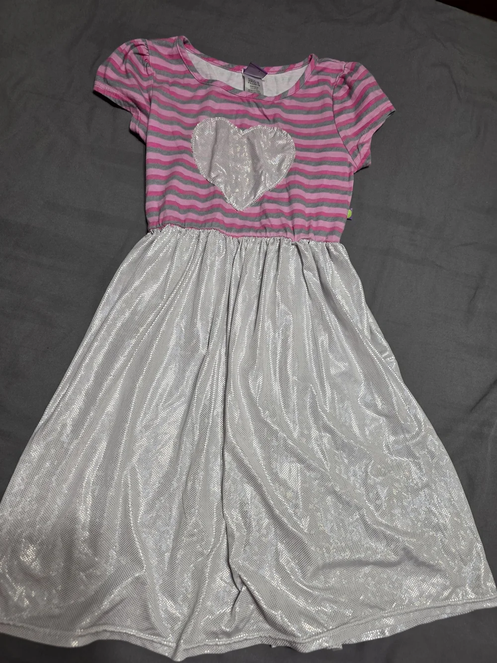 Girls Pink Stripe Dress with Shimmer Heart and Silver Skirt
